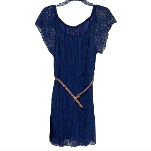 Blue Lace Dress Sheer Short Sleeve Slip Juniors Size Large - Picture 1 of 5